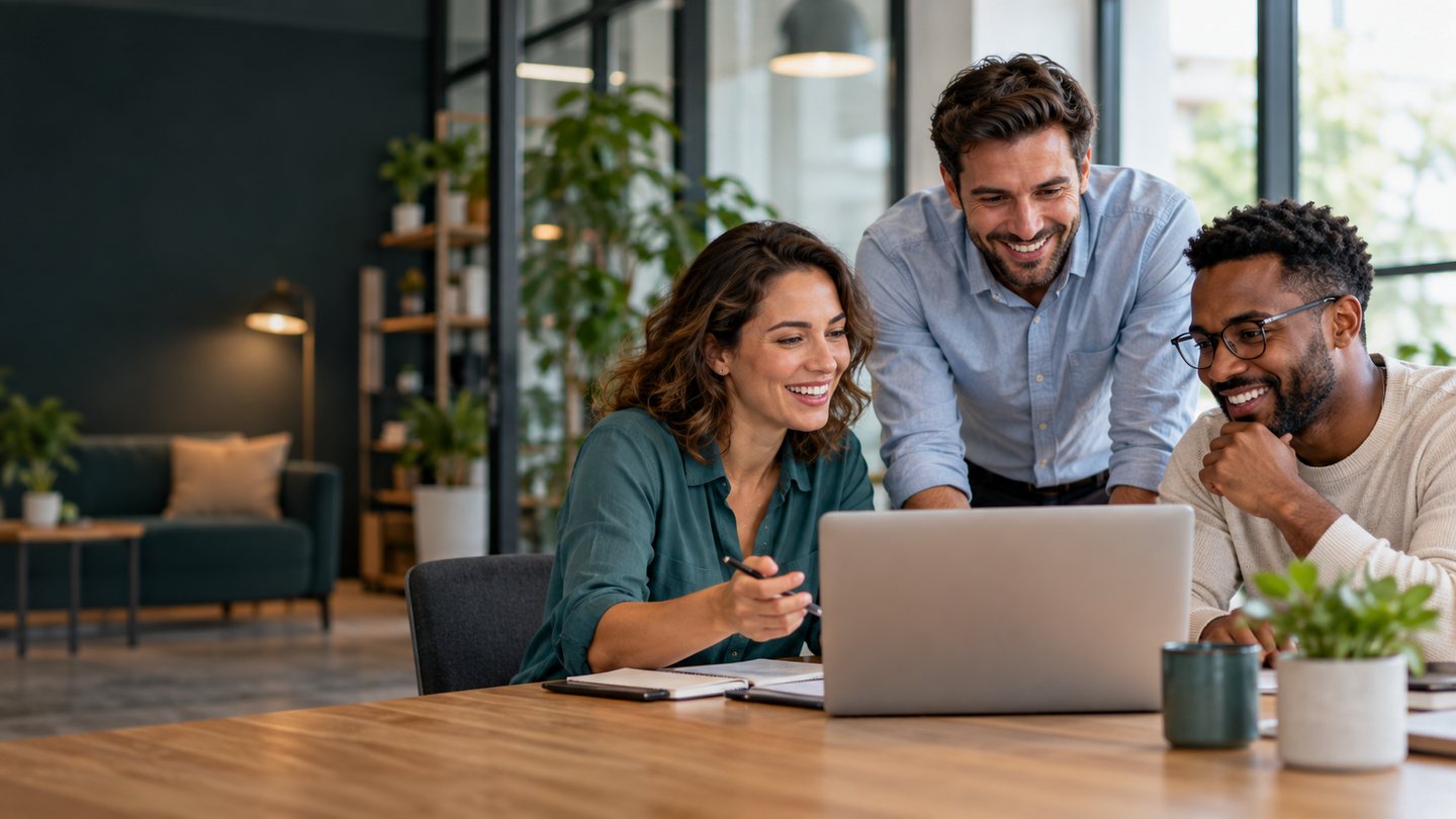 Three office colleagues sharing ideas around a laptop