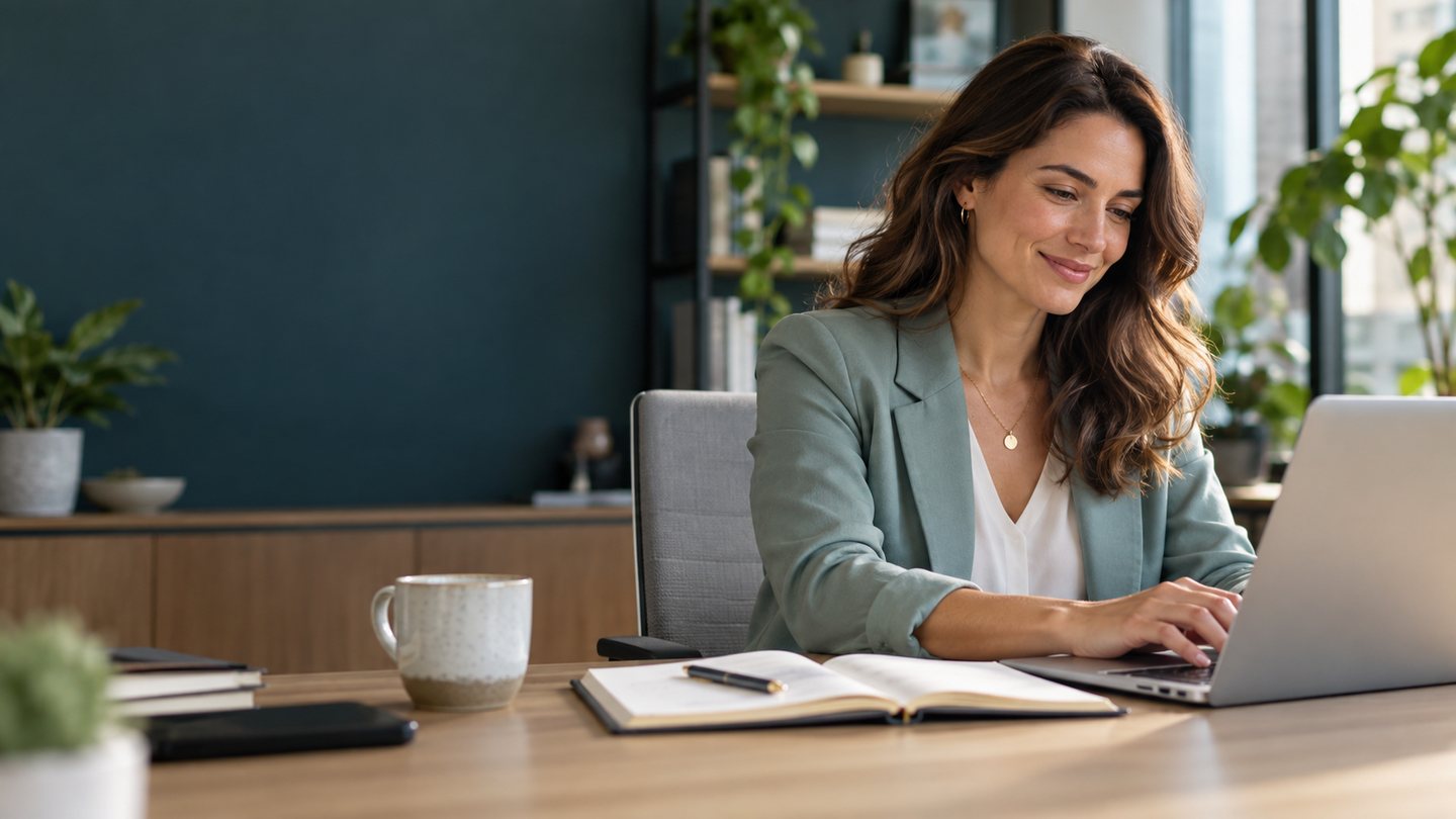 An office professional smiling while composing a message at her laptop