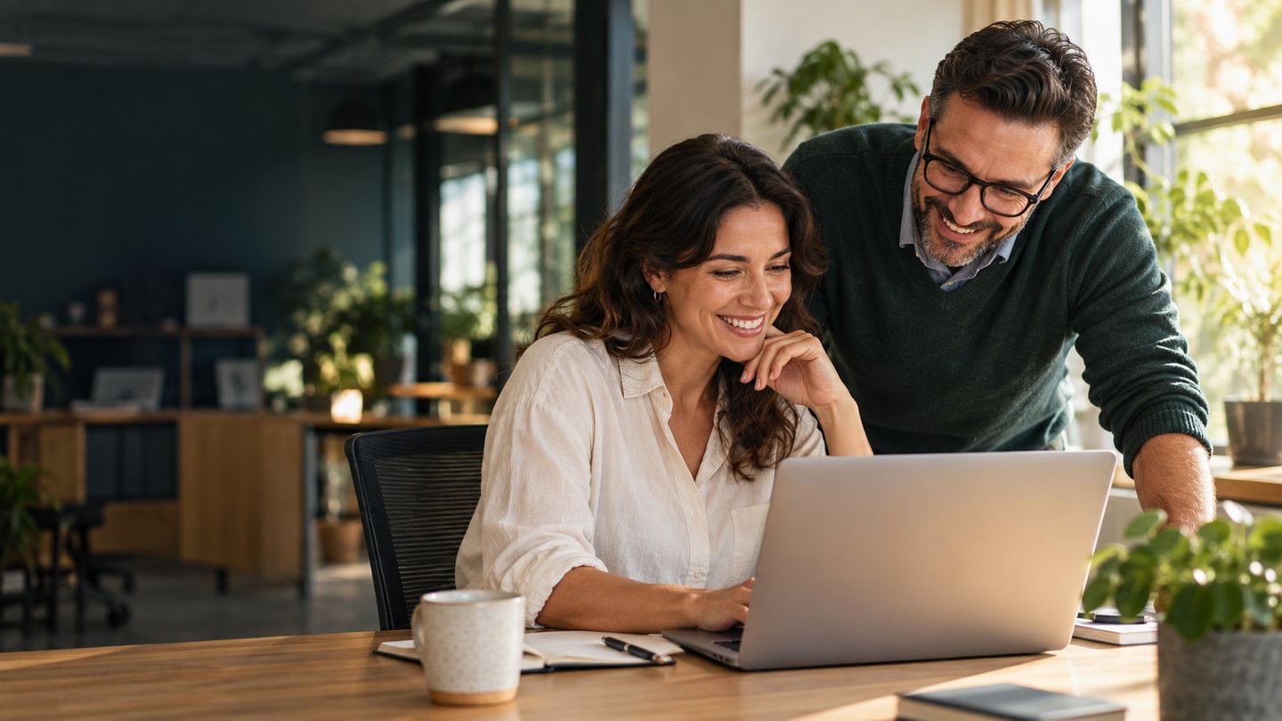 Two smiling office coworkers reviewing a laptop together